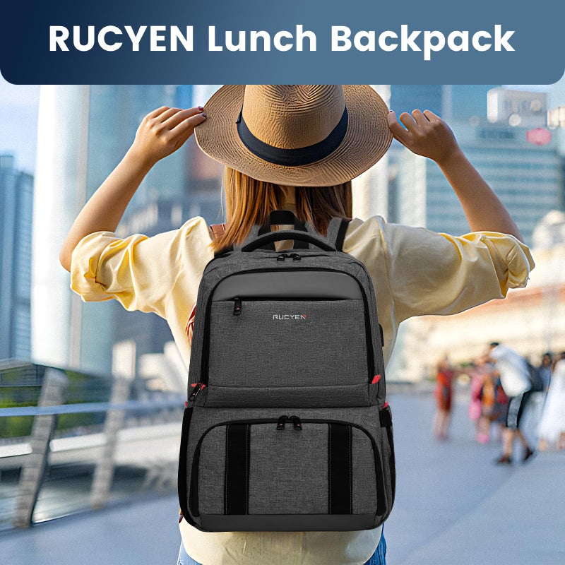 RUCYEN حقيبة ظهر RUCYEN للغداء مقاس 17.3 بوصة حقيبة ظهر كبيرة للغداء معزولة حقيبة تبريد للسفر والكمبيوتر المحمول مع منفذ USB للرجال والنساء وحجب RFID للعمل والنزهات باللون الأسود - Image 5